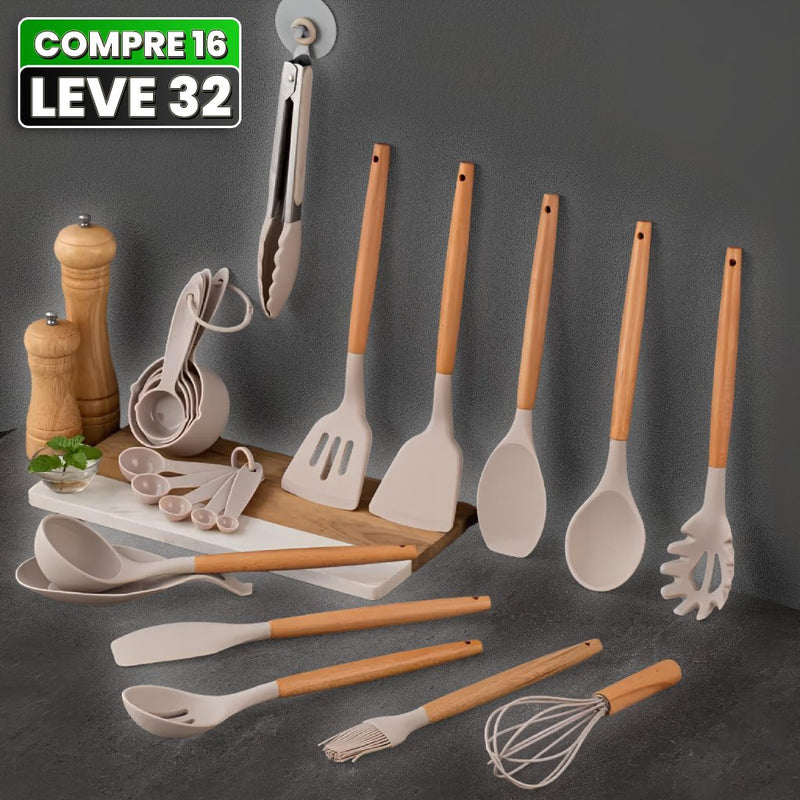 Conjunto de Utensílios de Cozinha de Silicone com Cabo de Madeira