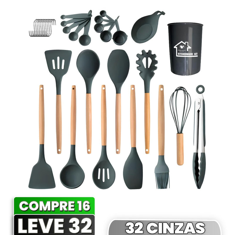 Conjunto de Utensílios de Cozinha de Silicone com Cabo de Madeira