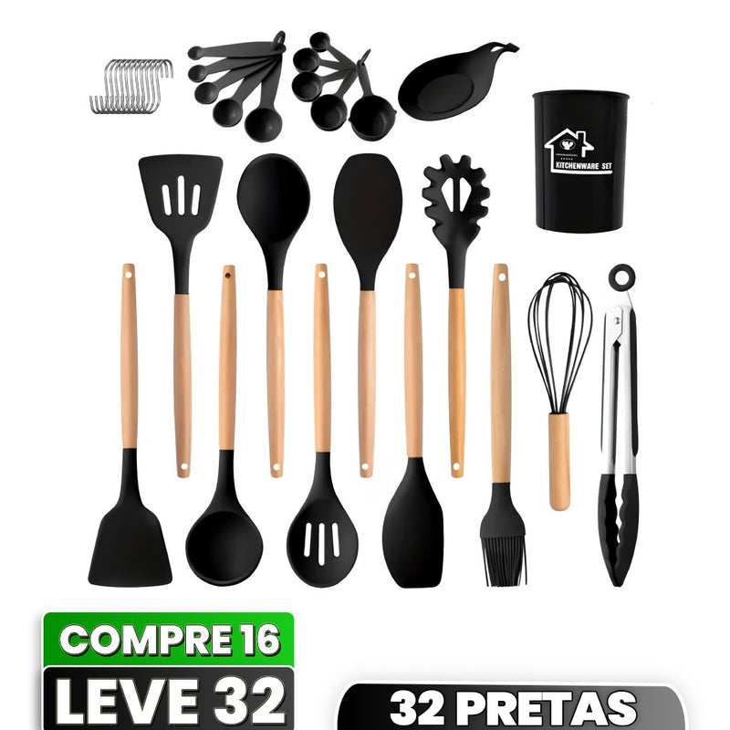 Conjunto de Utensílios de Cozinha de Silicone com Cabo de Madeira